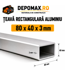 Teava rectangulara aluminiu 80 x 40 x 3 mm, 6 metri (EN AW-6060)